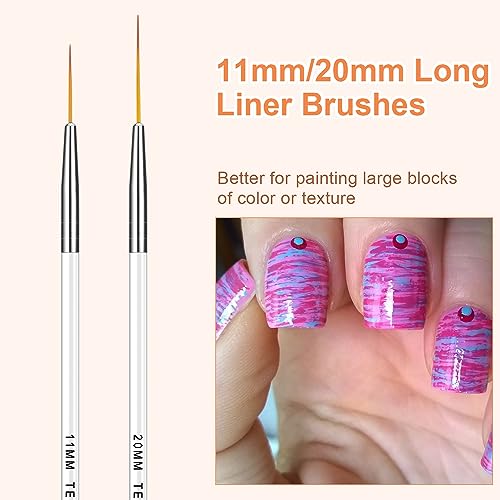 TEOYALL Fine Liner Brush, Nail Art Striping Brushes 5/7/9/11/20mm Thin Line Nail Brush Detail Drawing Brush Gel Nail Polish Brush