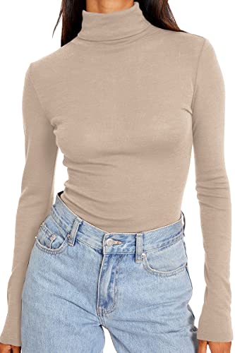 Trendy Queen Womens Fall Outfits 2023 Mock Turtleneck Long Sleeve Shirts Slim Fit Pullover Stretch Tight Basic Layering Soft Thermal Underwear Scrub Undershirts Fashion Beige