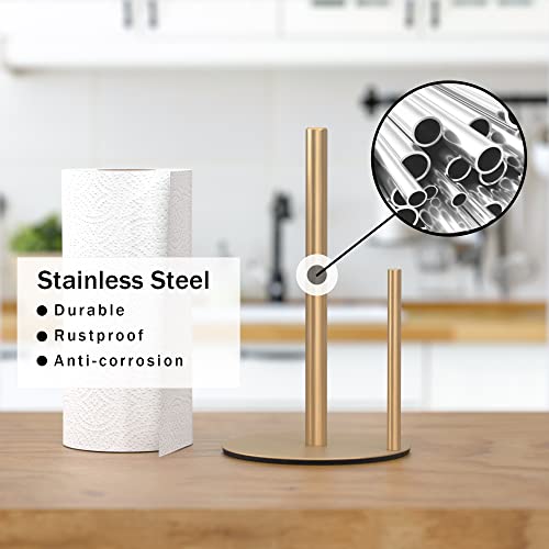 Paper Towel Holder Gold Premium Stainless Steel Paper Towel Holder for Kitchen Roll Organize, One-Handed Operation Countertop Roll Dispenser with Weighted Base