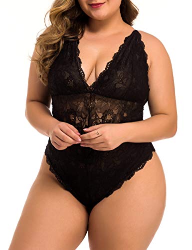 XAKALAKA Women Plus Size Lace Bodysuit Teddy Lingerie One Piece Babydoll Clubwear Black XXL