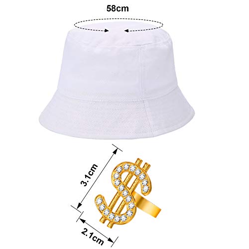 Gejoy Hip Hop Costume Kit 80s/90s Rapper Accessories Bucket Hat Sunglasses Gold Chain Ring Outfit for Men Women(White)