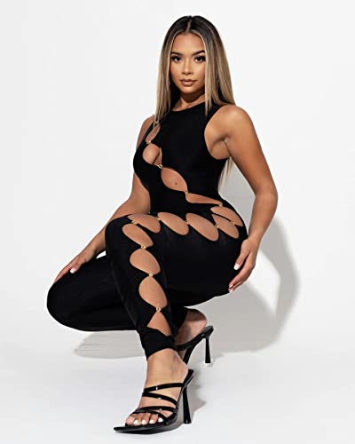 XLLAIS Sexy Buckle Jumpsuit For Women Sleeveless Cut Out One Piece Bodycon Party Club Rompers (Black Large)