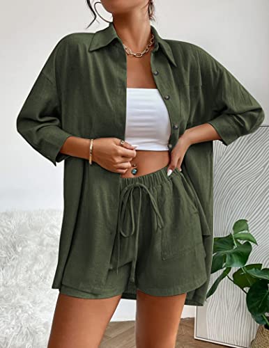 Beyove Summer Women's Casual Two Pieces Tracksuit 3/4 Sleeve Button-Down High Low Shirt High Waisted Shorts Set, Army Green L