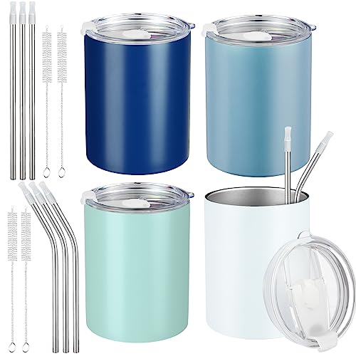 Puraville 4Pack 12 oz Insulated Tumblers with Lid and Straw, Double-Walled Stainless Steel Coffee Mug Vacuum Lowball Cup for Travel Office Home, Navy,Blue,Light Blue,Matte White