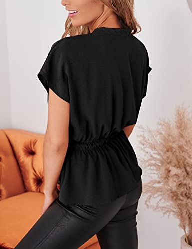 Womens Button Down Blouses Casual Peplum Summer Tops Dressy Chiffon Work Blouse Black