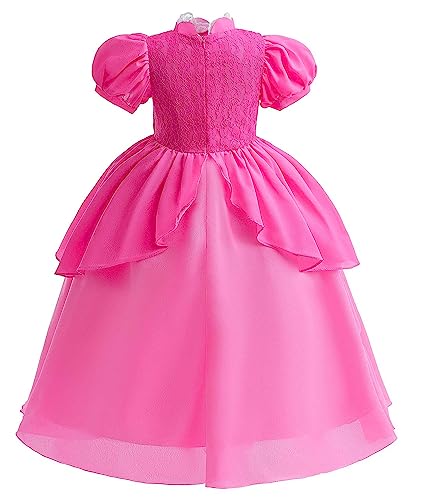 Magwei Princess Peach Costume Dress for Girls Kids Super Bros Cosplay with Accessories Halloween Party Dress Up Outfit 3-12Y (120(5-6 Years))