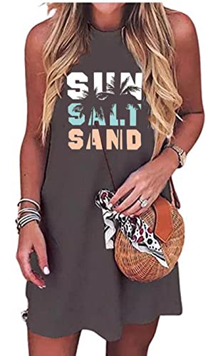 Sun Salt Sand Coconut Tree Sleeveless Mini Dress Casual Sleeveless Summer Beach Vacation Women Workout Mini Dress(Medium,Gray-1)