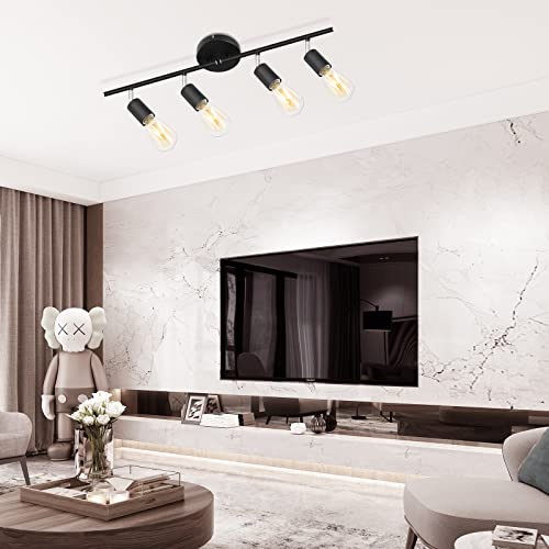 Kimjo 4-Light Track Lighting Fixtures Ceiling, Flush Mount Black Track Light Kit with Rotatable E26 Light Heads, Directional Kitchen Ceiling Spotlight for Office, Dining Room, Closet, Studio