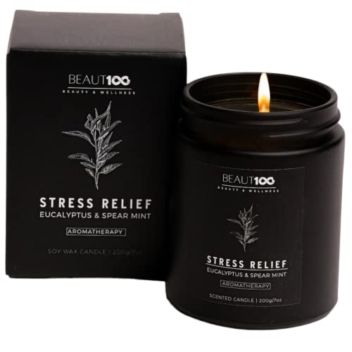 Aromatherapy Stress Relief Candle, BEAUT100 Scented Candles for Men & Women, Strong Scented Candles for Home, Soy Candles Gifts for Her Stress Relief, 40-50 Hour Burn Candle Glass Jar