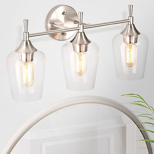 Edvivi 3-Light Vanity Lights, Modern Brushed Nickel with Clear Glass Shade Bathroom Light Fixtures, Wall Light for Mirrors, Bedroom, Living Room, Hallway