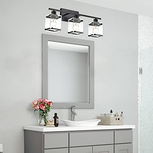 MELUCEE 3 Light Bathroom Lights Over Mirror Black Vanity Lighting Fixtures with Rectangular Clear Glass, Modern Bathroom Light Fixtures Wall Mount Lamp for Bath Powder Room Bedroom