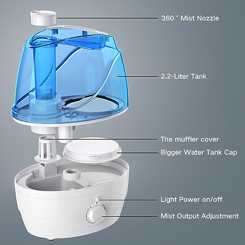 Humidifiers for Bedroom Large Room Home, 2.2L Cool Mist Humidifier for Baby Kids, 30 Hours with Whisper-Quiet Operation, Adjustable 360° Rotation Nozzle, Night Light Function(Blue-White)