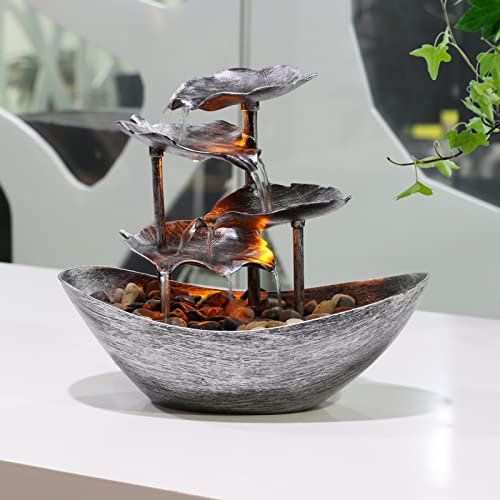 Creative Ingot Lotus Leaf Flowing Water Tabletop Fountain with LED Night Light, Automatic Pump USB Desk Fountain Home Office Decor(Silver)