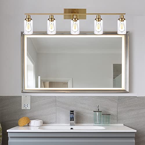 TULUCE 5 Light Bathroom Vanity Light Brushed Brass Wall Sconce with Clear Glass Shade, Modern Bathroom Wall Lamp Lighting for Bath Living Room Kitchen Mirror Dressing Powder Room