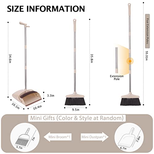 XXXFLOWER Broom and Dustpan Set with Long Handle, Light Weight Stainless Steel Poles Stand Upright Dustpans with Broom Combo for Home Kitchen Office Pet Dog Hair, Brown & Beige Color, 1-Pack