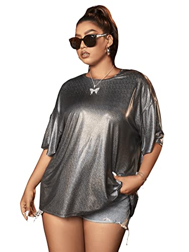 Verdusa Women's Plus Size Metallic T Shirt Drop Shoulder Oversized Tee Top Grey 0XL