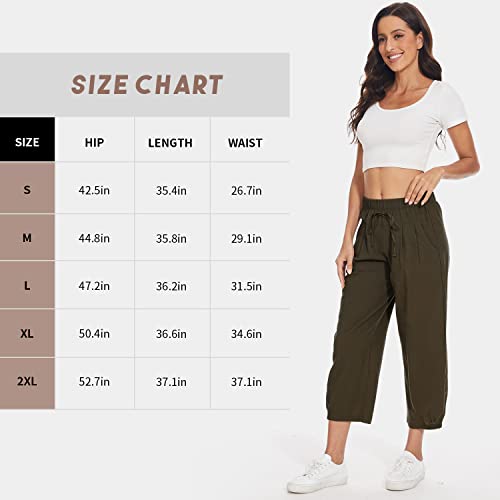 TBA Women's Casual Pants Summer Wide Leg Capris Drawstring Elastic High Waist Cotton Cropped Trousers with Pockets Brown