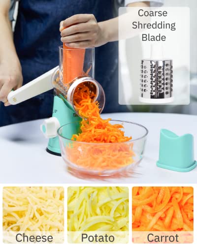 X Home Rotary Cheese Grater, Manual Cheese Grater with Handle, Mandoline Vegetables Slicer Cheese Shredder with Strong Suction Base, 3 Drum Blades Cheese Shredder Included, Easy to Use and Clean, Blue