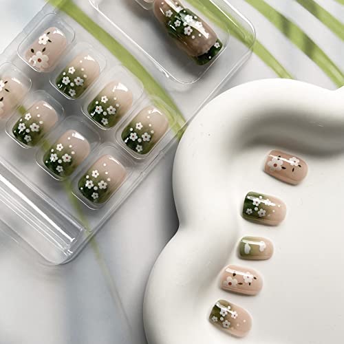 Green Press on Nails Short Square Fake Nails Small Flower False Nails with Designs Cute Cloud Floral Acrylic Nails Full Cover Glossy Stick on Nails Spring Summer Glue on Nails for Women Girls Manicure