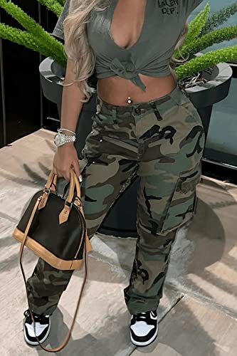 Casual Plus Size Camo Cargo Pants for Women High Waist Slim Fit Camouflage Jogger Army Pants Sweatpants with Pockets