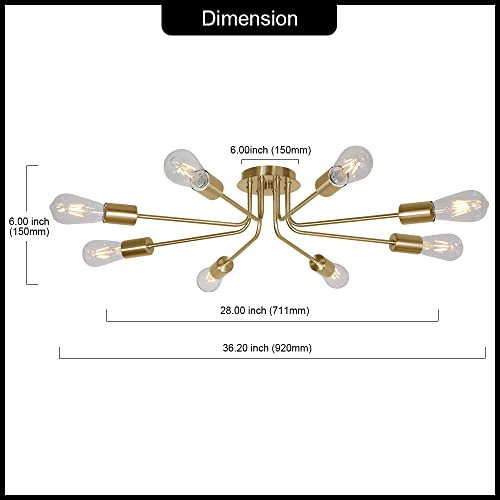 TULUCE 8 Lights Sputnik Chandelier Brushed Brass Semi Flush Mount Ceiling Lights Industrial Kitchen Lighting Fixtures Ceiling Lighting