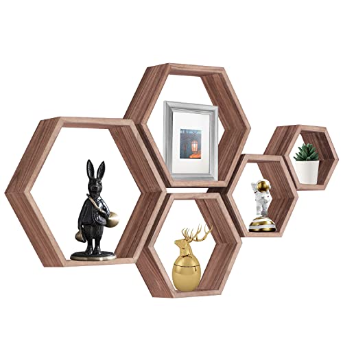 Hexagon Floating Shelves,Honeycomb Wall Shelf Set of 5,Wall Mounted Wood Farmhouse Storage for Bathroom, Kitchen, Bedroom, Living Room,Office,Home Room Decor Driftwood Finish (Carbonized Black)