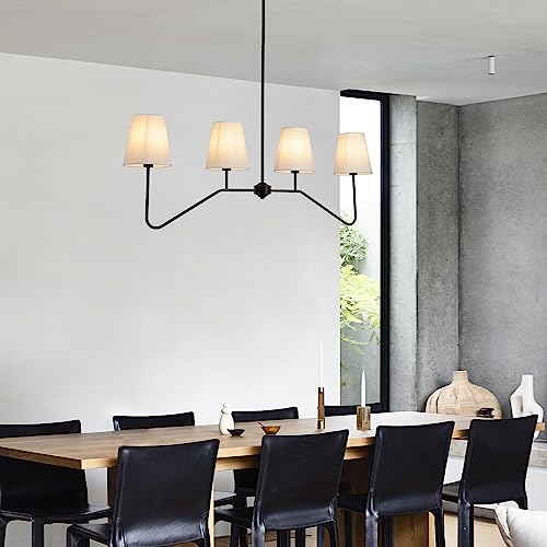 4-Light Linear Chandeliers for Dining Room, 43.3'' Black Kitchen Island Lighting, Modern Classic Pendant Lighting Fixture with White Linen Shades for Dining Room Living Room Kitchen Island (E12 Base)