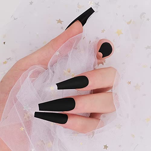 24 Pcs Matte Black Press on Nails Fake Nails, Coffin Nails Ballerina Extra Long Acrylic Stick on Nails, False Nails for Women and Girls