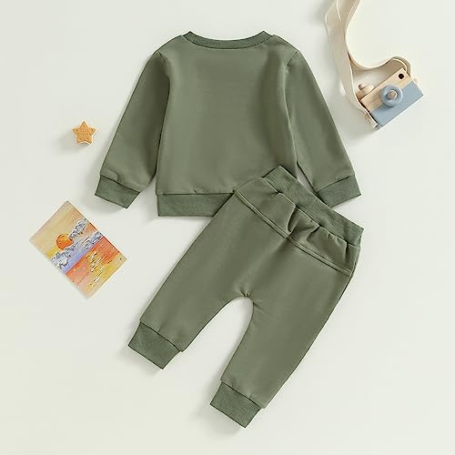 Toddler Baby Boys Fall Outfits Long Sleeve Pull On Sweatshirt Elastic Waist Pants 2Pcs Solid Clothes Set (Green,0-6 Months)