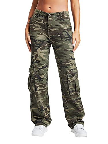 WDIRARA Women's Camo Print Cargo Baggy Jeans High Waist Wide Leg Denim Army Pants Army Green Camouflage S