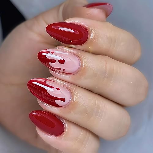 Halloween Press on Nails Almond, LPOONNDU Blood Press on Nails Halloween Medium Fake Nails, Glossy Red Glue on Nails for Women - 24Pcs Medium Almond Halloween False Nails Set