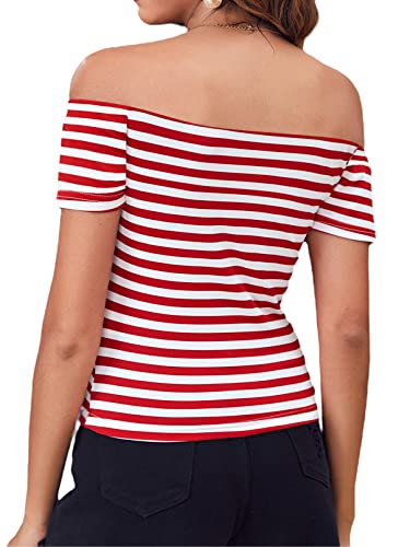 Women's Short Sleeve Vogue Fitted Off Shoulder Modal Blouse Top T-Shirt (Medium, Red Stripe)