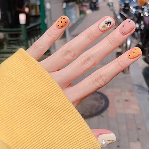 Hkanlre Press on Nails Short Square Bling Fake Nails Orange Acrylic Rhinestones False Nails for Women and Girls 24PCS