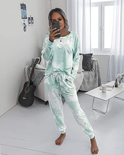 PRETTYGARDEN Women's Tie Dye Two Piece Tracksuit Set Long Sleeve Sweatshirt with Long Pants (Green,Large)