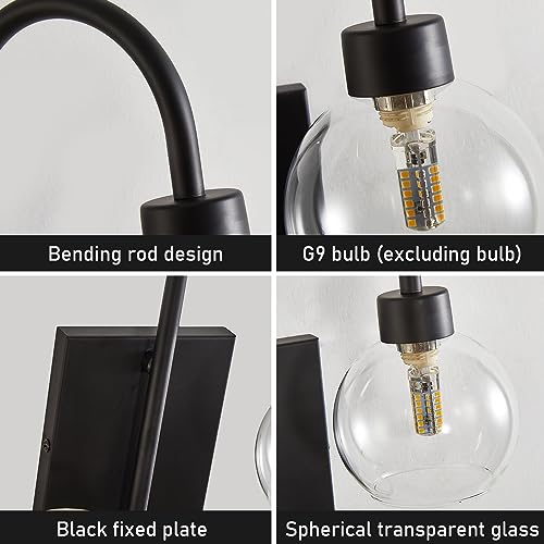 Bathroom Light Fixtures, Wall Sconces Lighting 2 Light Matte Black Finish Vanity Light Modern Wall Lighting Fixture with Clear Glass Shades Bath Wall Lamps for Mirror Bedroom Hallway Living Room