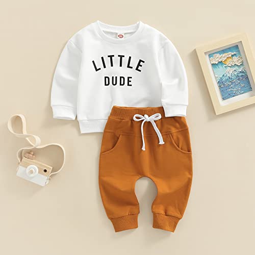 Toddler Baby Boy Fall Winter Outfits Letter Crewneck Sweatshirt Casual Pants 2Pcs Clothes Set White-Brown 0-6 Months