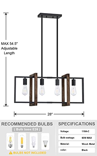 Dolaimy House Farmhouse Rustic 4 Light Gold Chandelier Kitchen Island Dining Room Light Fixture Hand Painted Natural Walnut Wood Lantern Cage Frame Black Finish for Hallway Dining Room Bedroom