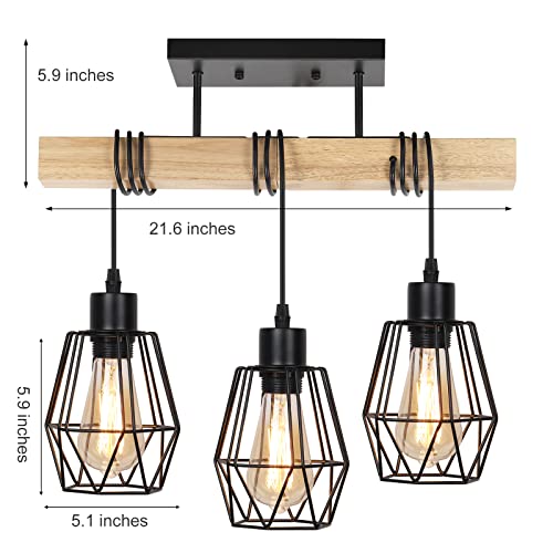 3-Light Semi Flush Mount Ceiling Light Fixture, Rustic Farmhouse Lighting with Black Metal Lampshade and Solid Wood, Chandelier Ceiling Lamp for Kitchen Bedroom Living Room Bathroom Hallway Entryway