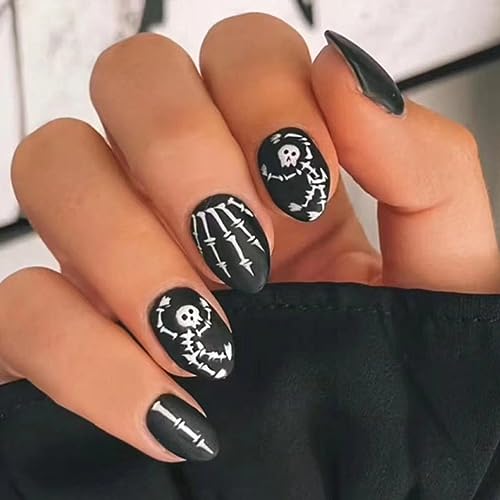 Halloween Fake Nails Short Oval Press on Nails Glossy Nails with Black Frosting Designs Fake Nails Cute Kid Skull Glue on Nails Full Cover Stick on Nails Acrylic Nails for Women Nail Decoration