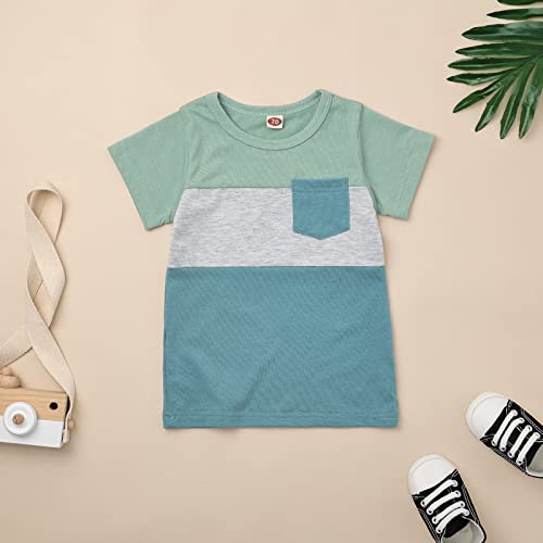 KAFIREN Toddler Boy Clothes 3T Little Boys Clothes Summer Outfits Short Sleeve Patchwork Top T-shirt Pocket Pants Light Green Boy Set 3-4T/100cm