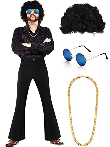 Eurzom Disco Costume Set Including Men's Disco Shiny Shirt Pant Funky Afro Wig Necklace Sunglasses for 60/70/80/90s Party (Normal Style, XXL)