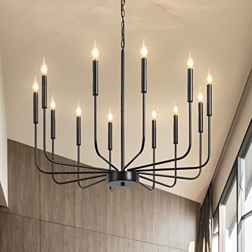 JDfeiFFF Black Chandelier 12 Light Modern Farmhouse Chandeliers for Dining Room Large Size Rustic Candle Chandelier Light Fixtures Ceiling Hanging for Living Room Kitchen Island Hallway Foyer