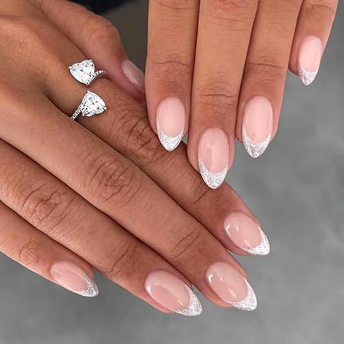 Silver French Tip Press on Nails Medium Length Oval Fake Nails Glossy Nude False Nails Reusable Artificial Nails Natural Glue on Nails for Women DIY Manicure Decoration Stick on Nails