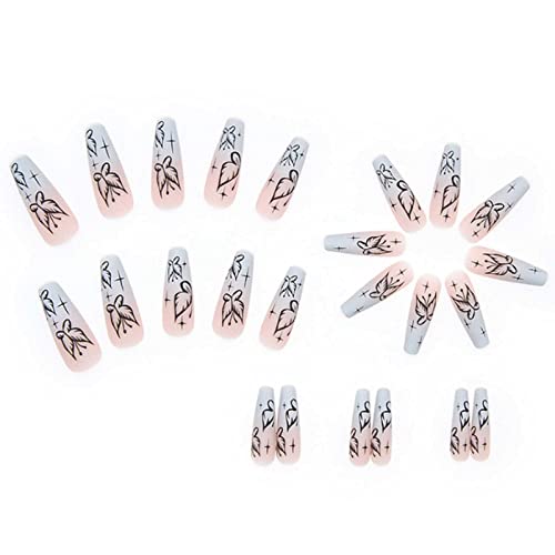 Hkanlre Fake Nails Long Coffin Butterfly Press on Nails Matte Acrylic Full Cover Ballerina False Nails for Women and Girls 24PCS