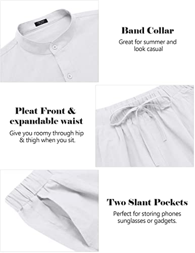 COOFANDY Men Linen Sets Outfits 2 Piece For Wedding Long Sleeve And Casual Elastic Waist Pants Summer Outfits (White M）