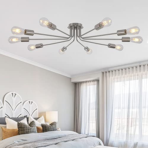 TULUCE 10 Light Sputnik Chandelier Brushed Nickel Ceiling Light Semi Flush Mount Light Ceiling Lamp for Kitchen Dining Room Living Room Foyer