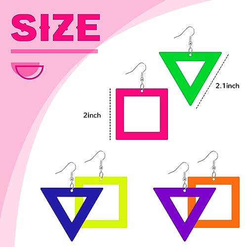 3 Pairs 80s Neon Earrings for Women Retro Pendant Acrylic Drop Dangle for 80's Outfit Party Accessories (Triangular, Square)