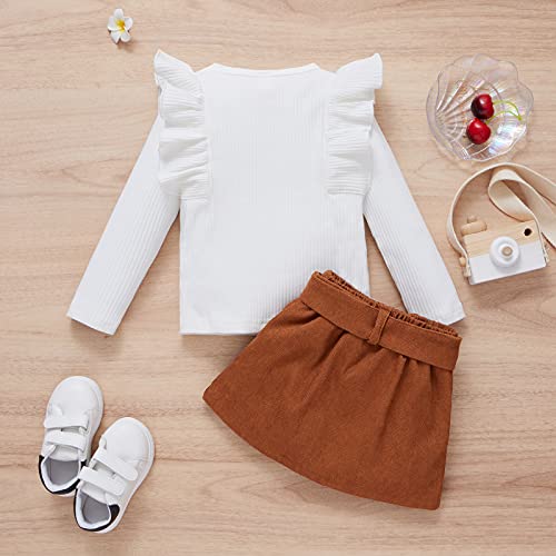 DUBASAM Trendy Kids Toddler Baby Girl Fall Outfit Ruffle Long Sleeve Knit Blouse Pullover Top Mini Skirt with Belt Clothes (White +brown, 2-3 Years)