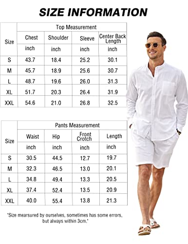 COOFANDY Men Linen Sets Outfits 2 Piece For Wedding Long Sleeve And Casual Elastic Waist Shorts Summer Outfits (White M