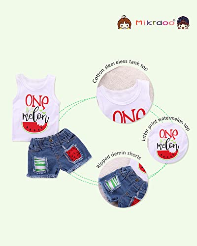 Mikrdoo Toddler Girl Summer Outfits Sleeveless Watermelon Tank Top + Denim Shorts Clothing Set (12-18 Months, White)